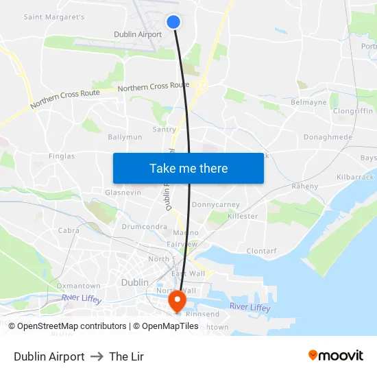 Dublin Airport to The Lir map