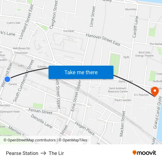 Pearse Station to The Lir map