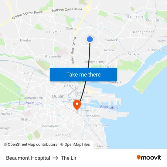 Beaumont Hospital to The Lir map