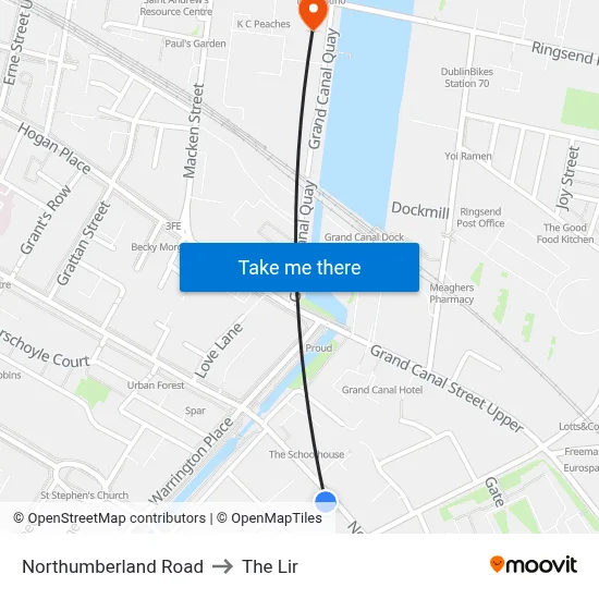 Northumberland Road to The Lir map