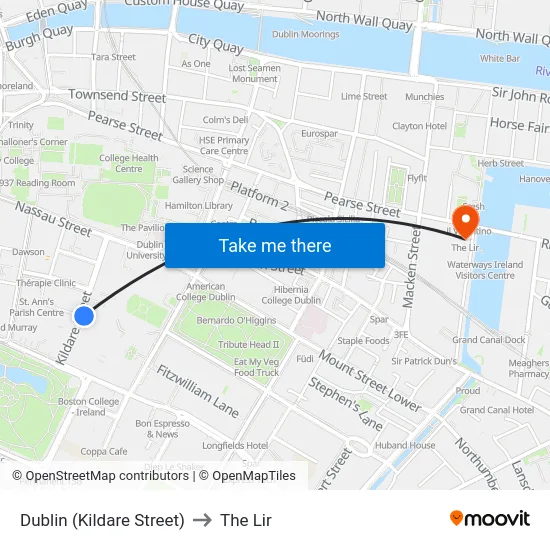 Dublin (Kildare Street) to The Lir map