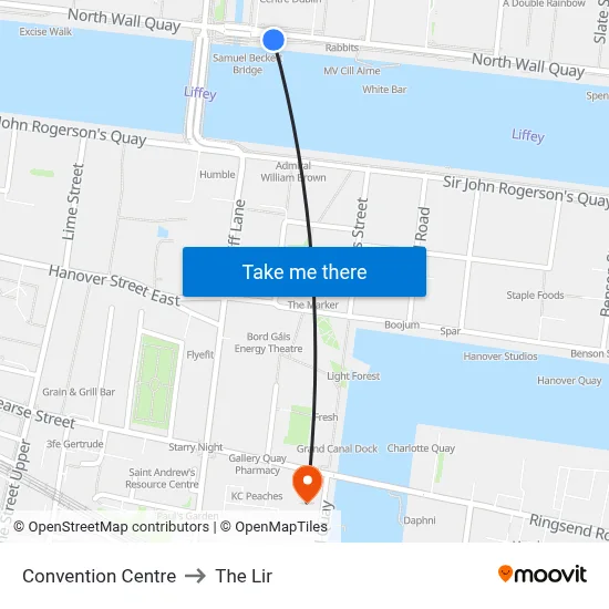 Convention Centre to The Lir map