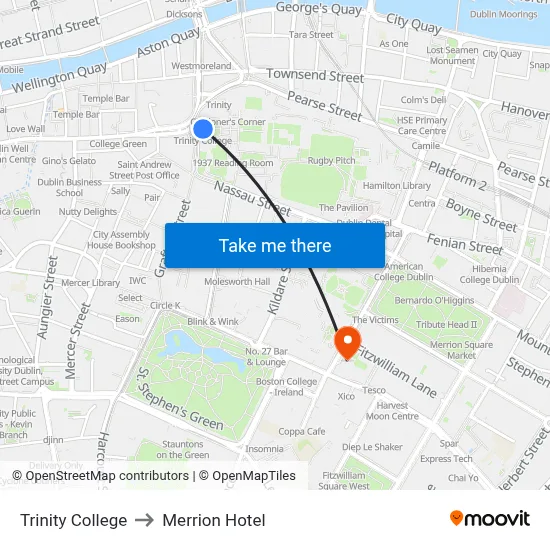 Trinity College to Merrion Hotel map