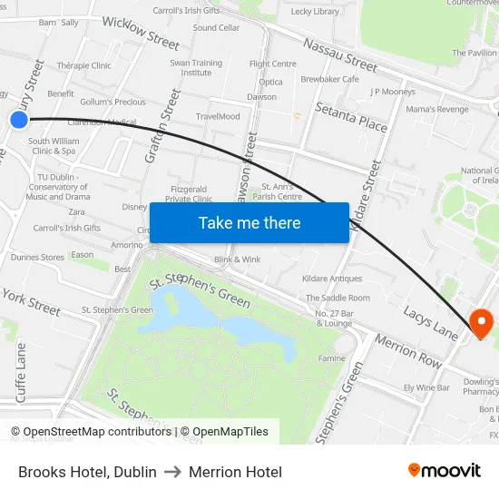 Brooks Hotel, Dublin to Merrion Hotel map