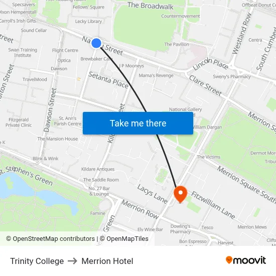 Trinity College to Merrion Hotel map