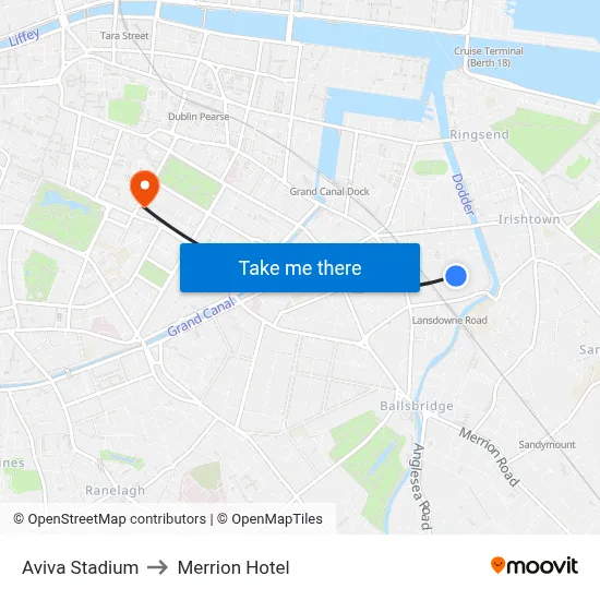 Aviva Stadium to Merrion Hotel map