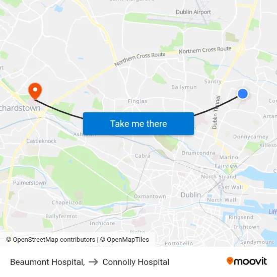 Beaumont Hospital, to Connolly Hospital map