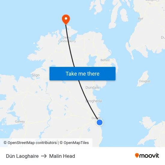 Dún Laoghaire to Malin Head map