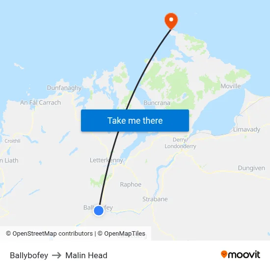 Ballybofey to Malin Head map