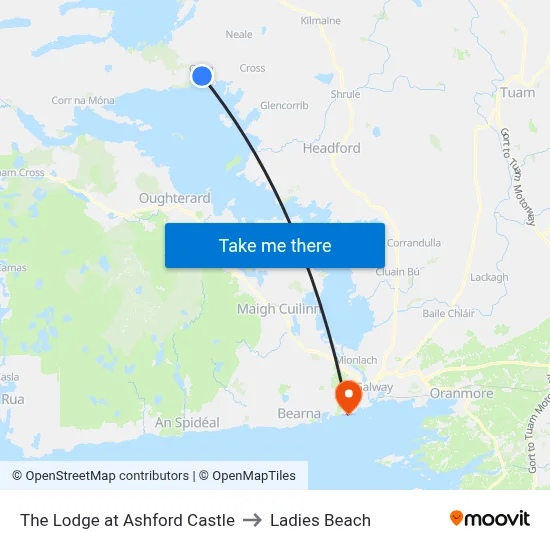 The Lodge at Ashford Castle to Ladies Beach map