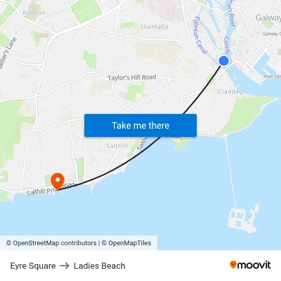 Eyre Square to Ladies Beach map