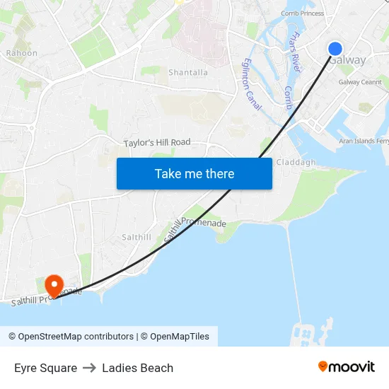 Eyre Square to Ladies Beach map