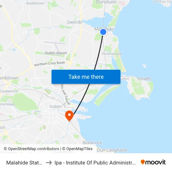 Malahide Station to Ipa - Institute Of Public Administration map