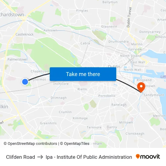 Clifden Road to Ipa - Institute Of Public Administration map