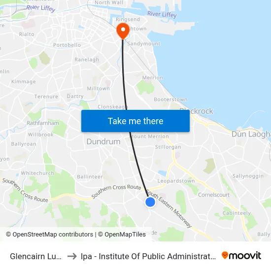 Glencairn Luas to Ipa - Institute Of Public Administration map