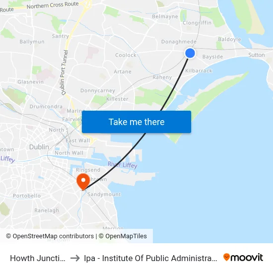 Howth Junction to Ipa - Institute Of Public Administration map