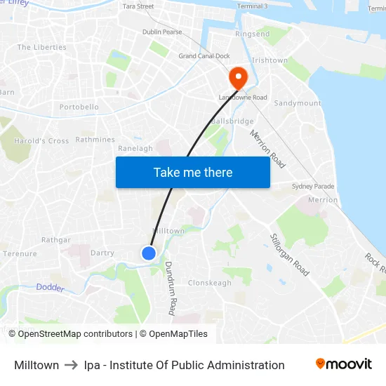 Milltown to Ipa - Institute Of Public Administration map