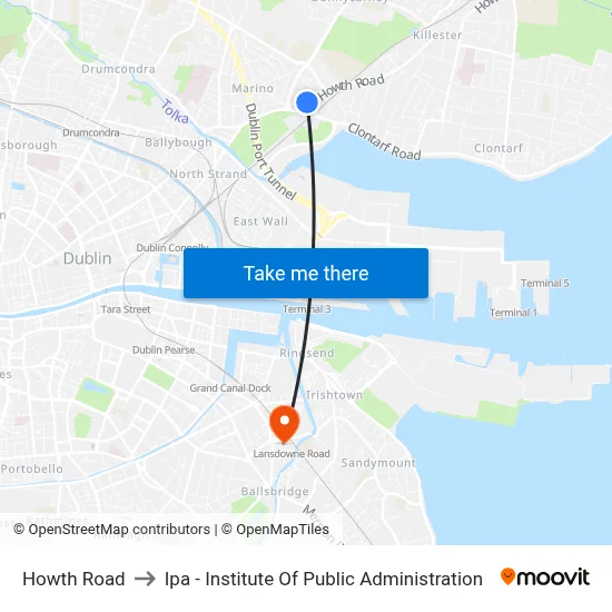 Howth Road to Ipa - Institute Of Public Administration map