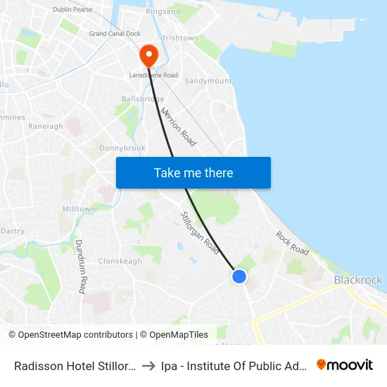 Radisson Hotel Stillorgan Road to Ipa - Institute Of Public Administration map