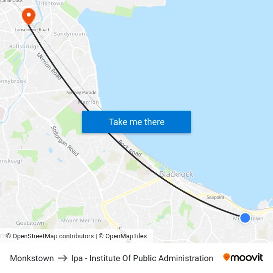 Monkstown to Ipa - Institute Of Public Administration map
