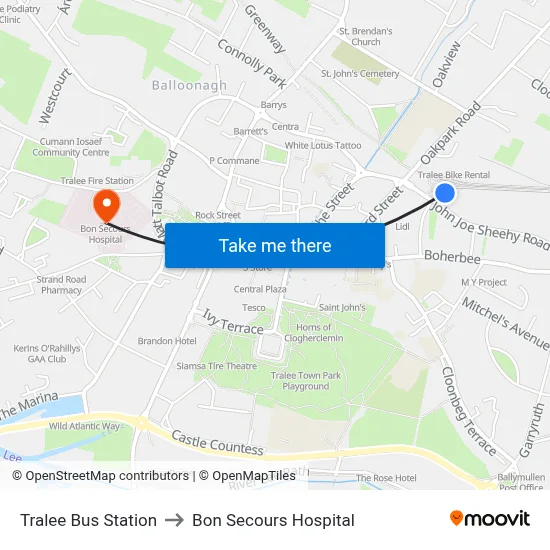 Tralee Bus Station to Bon Secours Hospital map