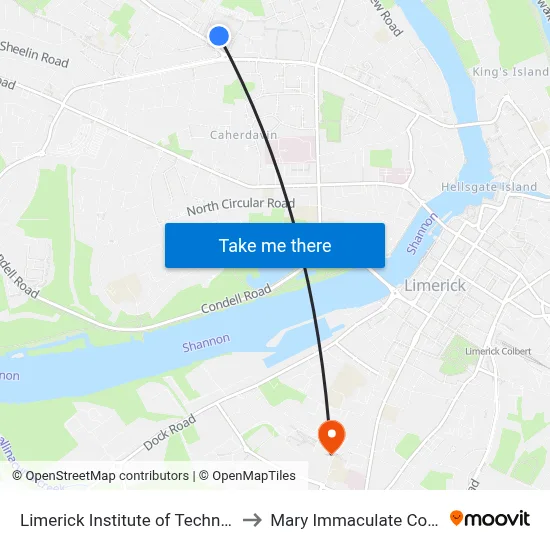 Limerick Institute of Technology to Mary Immaculate College map