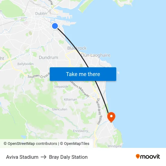 Aviva Stadium to Bray Daly Station map