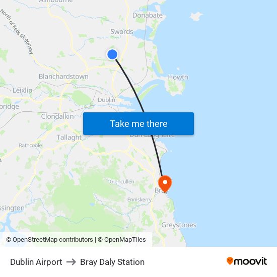 Dublin Airport to Bray Daly Station map