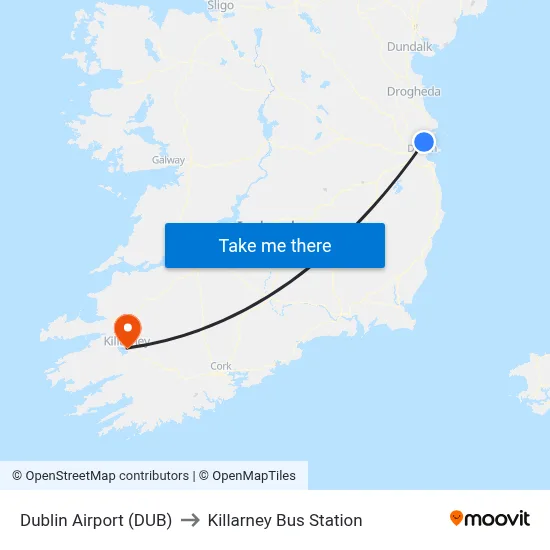 Dublin Airport (DUB) to Killarney Bus Station map