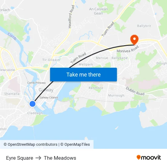 Eyre Square to The Meadows map