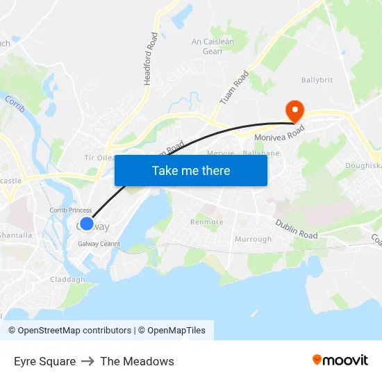 Eyre Square to The Meadows map