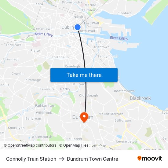 Connolly Train Station to Dundrum Town Centre map