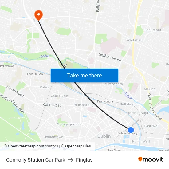 Connolly Station Car Park to Finglas map