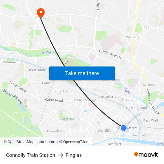 Connolly Train Station to Finglas map