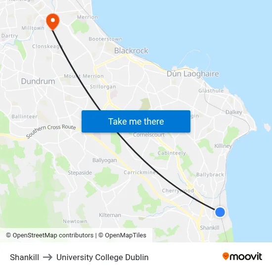 Shankill to University College Dublin map