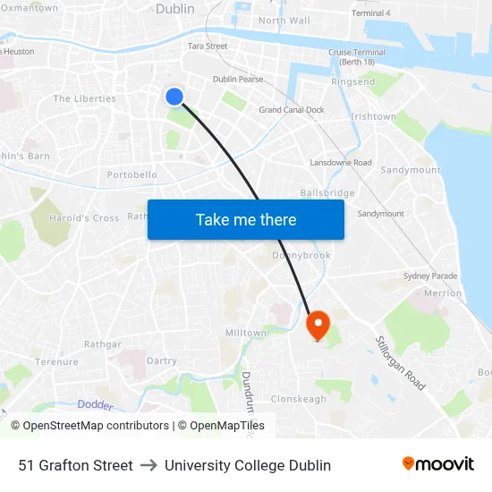 51 Grafton Street to University College Dublin map