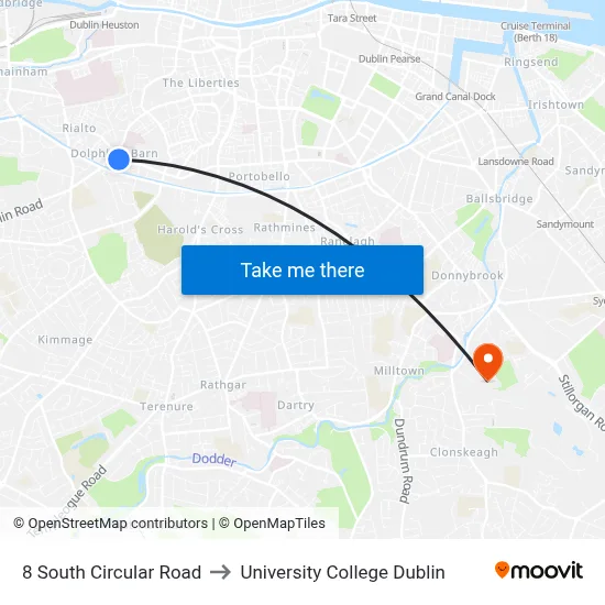 8 South Circular Road to University College Dublin map