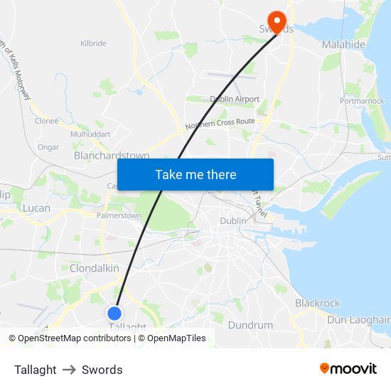 Tallaght to Swords map