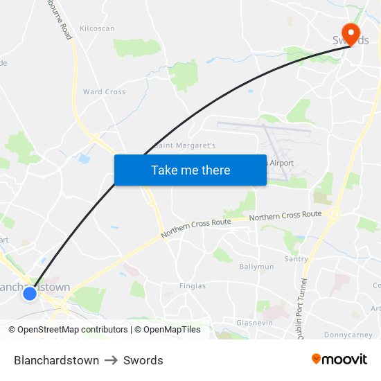 Blanchardstown to Swords map