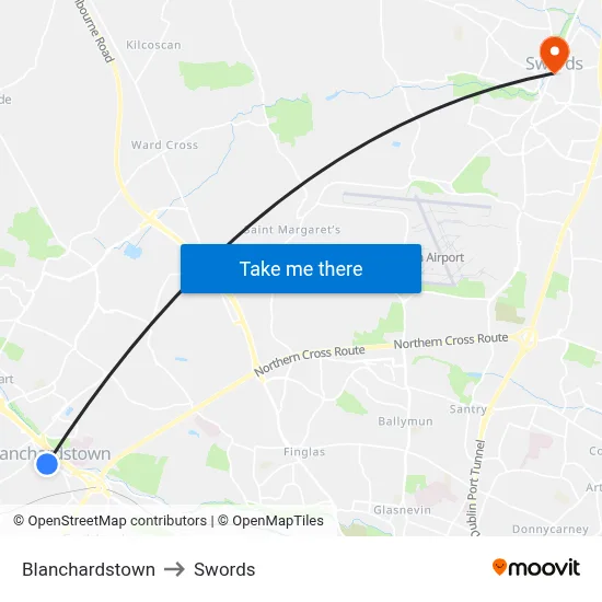 Blanchardstown to Swords map