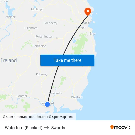 Waterford (Plunkett) to Swords map