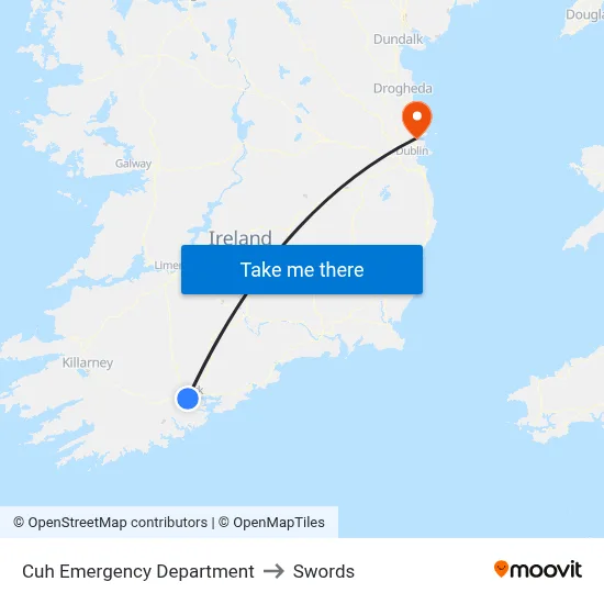 Cuh Emergency Department to Swords map