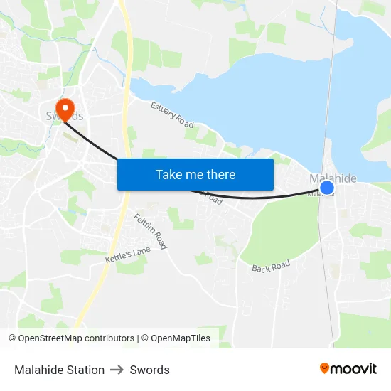 Malahide Station to Swords map