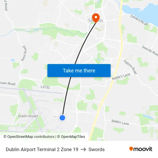 Dublin Airport Terminal 2 Zone 19 to Swords map
