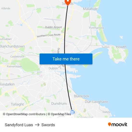 Sandyford Luas to Swords map