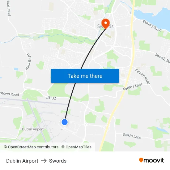 Dublin Airport to Swords map