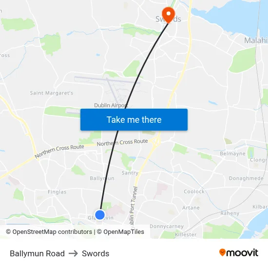 Ballymun Road to Swords map