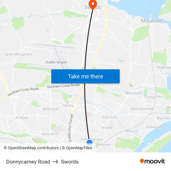 Donnycarney Road to Swords map