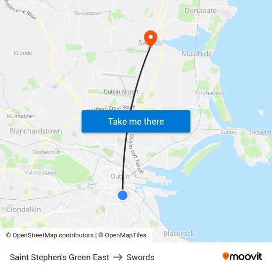 Saint Stephen's Green East to Swords map