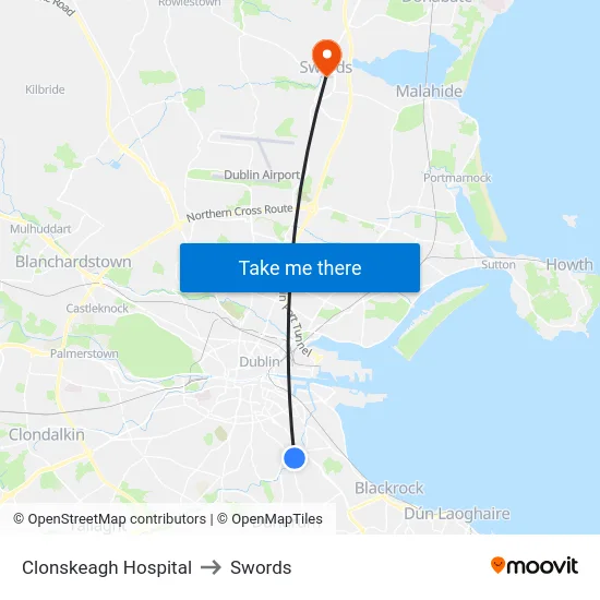 Clonskeagh Hospital to Swords map